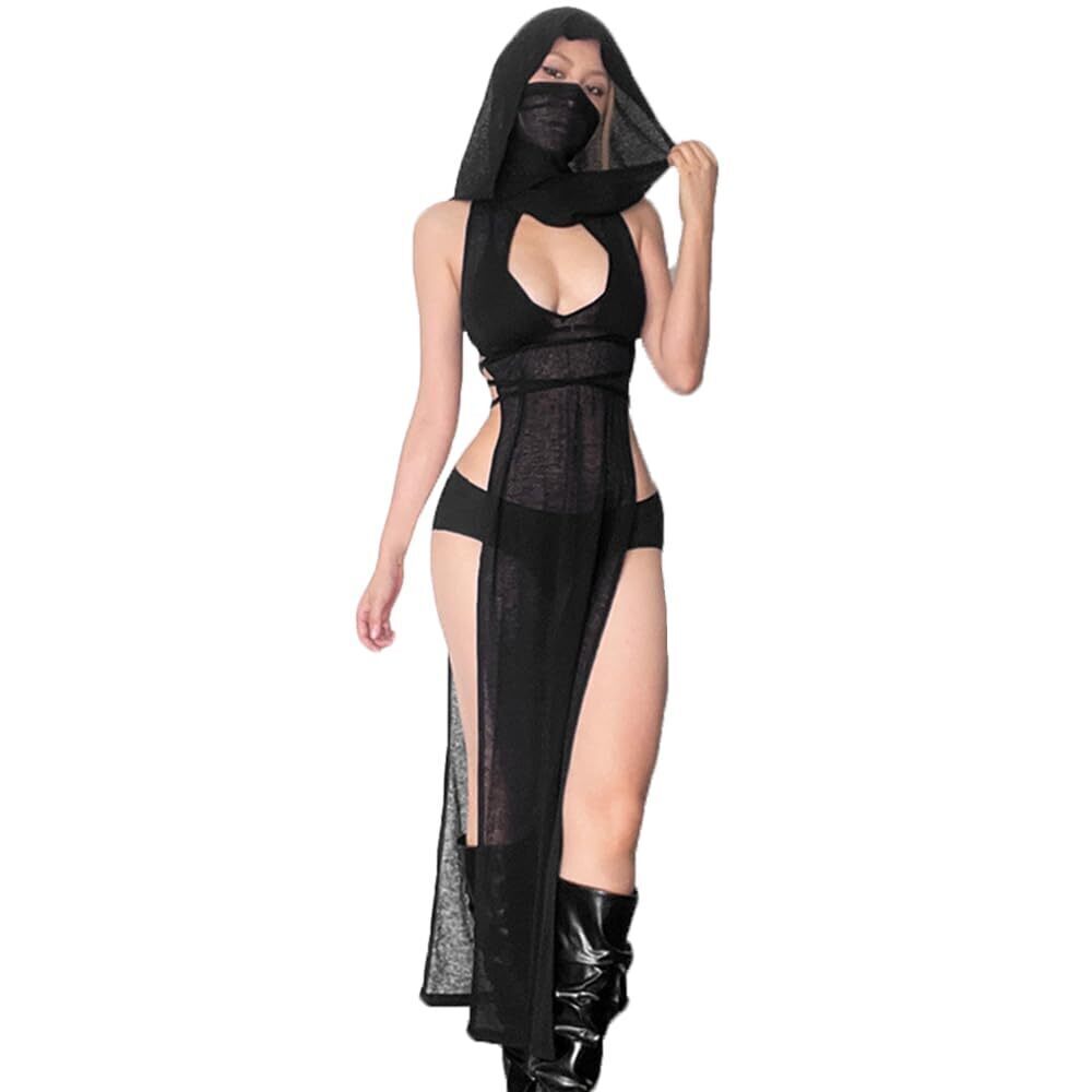 5199 Sexy Rave Outfits Festival Black Hood Sheer Mesh Dress Hooded
